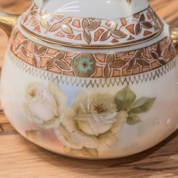 1930's Vintage Royal Rudolstadt Prussia Covered Sugar Dish, Antique Rose Pattern - Picture 2 of 10